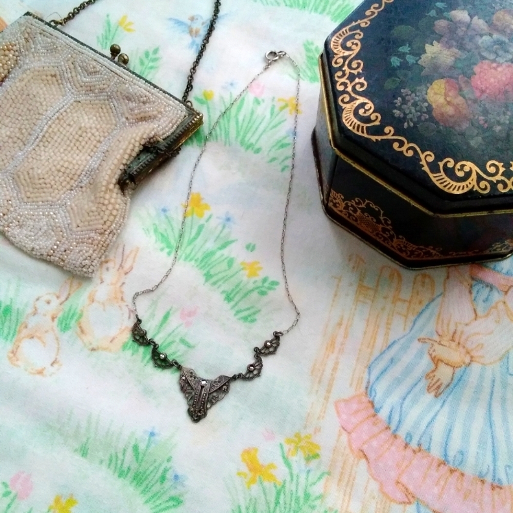 Antique Germany Sterling Silver Marcasite Necklace - Picture 4 of 16